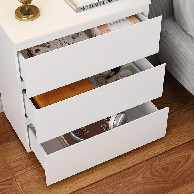 FAMAPY Modern Nightstand with 3 Drawers, Bedroom Storage Cabinet, Modern End Side Table, No Handle Design, for Living Room White 30.3”W x 15.7”D x 32.3”H