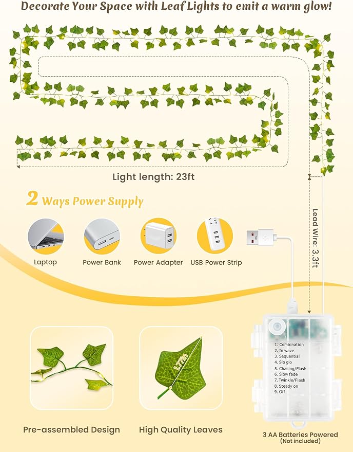 YOUNGAR Ivy Vines with Fairy Lights, Battery/USB Operated Leaf String Warm White Lights, 23FT 73LED Vine Lights with Remote for Bedroom Garland Wedding Birthday Garden Party Wall Room Headboard Decor