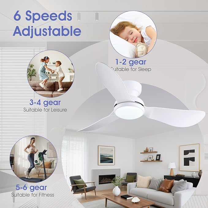 46 Inch Ceiling Fans with Lights, Small Flush Mount Ceiling Fan, Remote/APP Control, 3 Reversible Curved Blades, 6 Speeds, 3 CCT Dimmable Lights for Bedroom, White