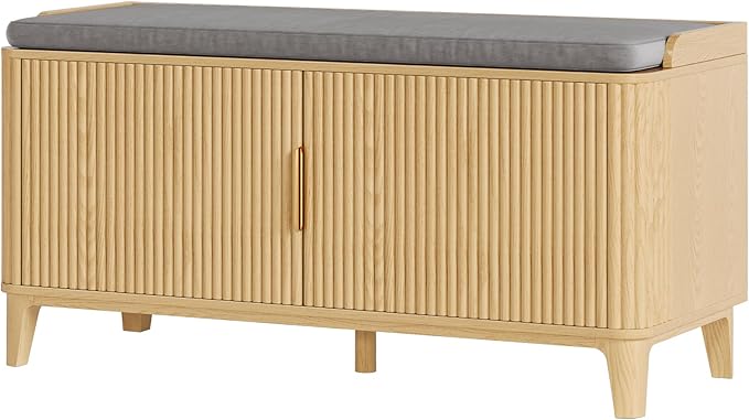 39.4" Fluted Shoe Cabinet Storage with Bench, 2-Tier Entryway Bench with Adjustable Shelves and Detachable Cushioned Seat, Shoe Organizer Bench Cabinet for Entryway, Living Room, Hallway Natural
