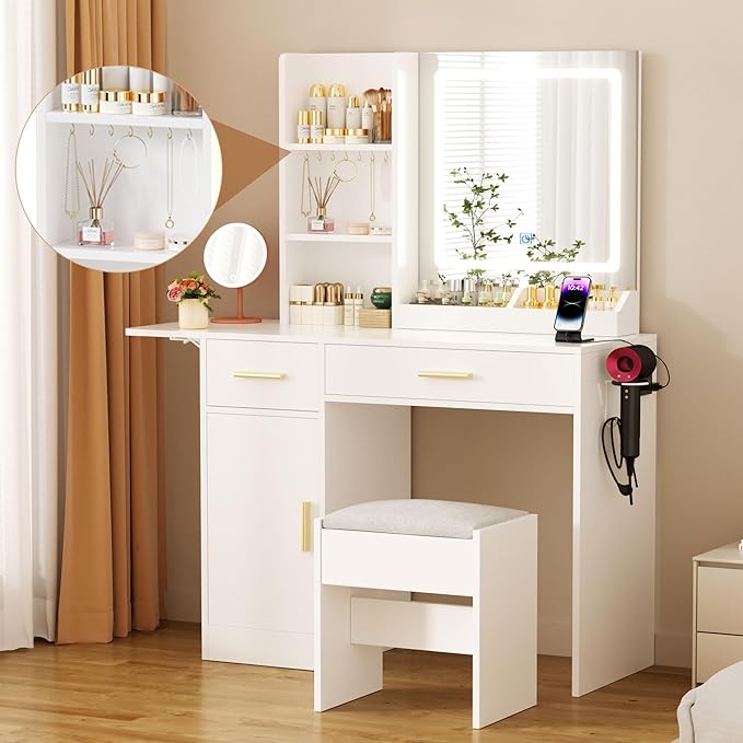 Vanity Desk with Mirror and Lights & Extral Foldable Desk, 31.5" & 39.3" Makeup Vanity Table with 4 Drawers and 3 Open Shelves, Dressing Table for Bedroom, White