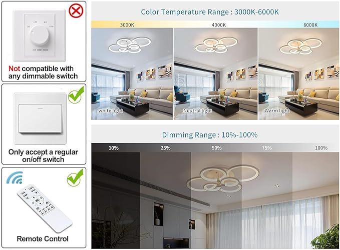 Ganeed LED Ceiling Light Fixture with Remote Control,72W Modern Acrylic Chandeliers,Dimmable Light Color Flush Mount Ceiling Lamp 6 Heads for Dinning Room Bedroom Kitchen Light Fixtures,3000-6500K