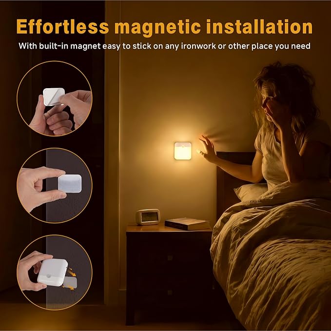 4 Pack Motion Sensor Light Indoor, Rechargeable Night Light, 60LM, 2-Modes, Stick-on Battery Operated LED Sensor Light for Stairway, Hallway, Kitchen, Closet, Bedroom
