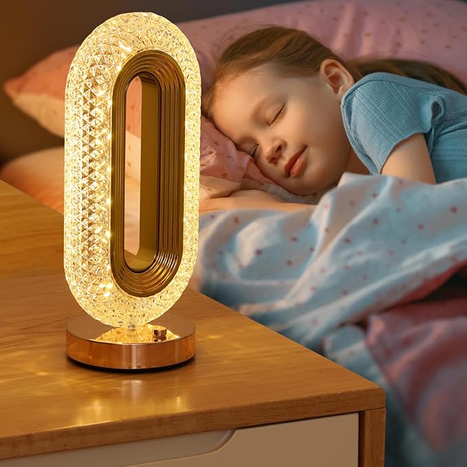 Lewondr Bedside Table Lamp for Bedroom, 3 Color Dimmable Night Light with USB Port, Rechargeable Touch Lamps, Crystal Modern Oval Light Nightstand Desk Lamp for Dorm Living Room Office