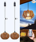 Battery Operated Chandelier Outdoor Waterproof, Gazebo Lights Battery Powered, Boho Rattan Hanging Pendant Light for Porch, Patio, Pergola, Garden, Balcony (2 Pack)
