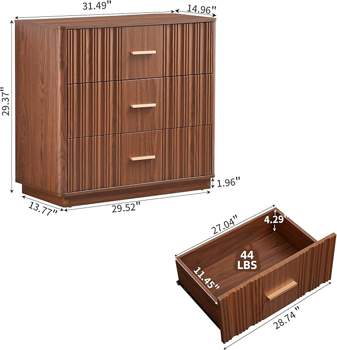 Fluted Dresser for Bedroom with 3 Drawers, 31.5" Wide Modern Chest of Drawers with Metal Handle, Large Storage Dresser, Wood Closet Clothes Storage Organizer for Nursery Living Room, Hallway, Walnut