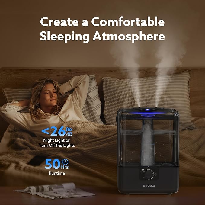 CHIVALZ Humidifiers for Bedroom Large Room Home, 6L Cool Mist Humidifier for Baby and Plant, Oil Diffuser, Top Fill Humidifier with Night Light, Quiet 26dB, Up to 50H, Black 1Pack