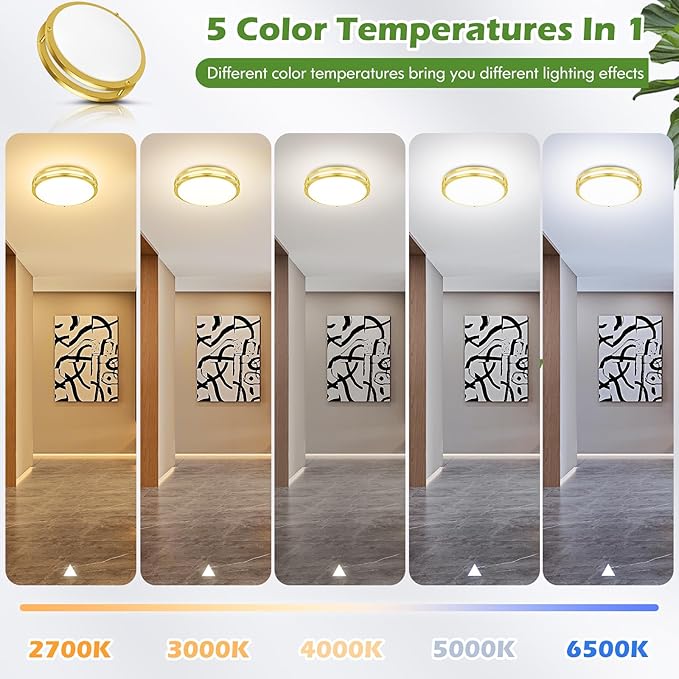 GoBright 36W LED Ceiling Lights for Bedroom Kitchen, 12 Inch 3600lm Super Bright Dimmable Gold Flush Mount Light Fixtures, 2700K/3000K/4000K/5000K/6500K Adjustable Modern Lamps for Hallway
