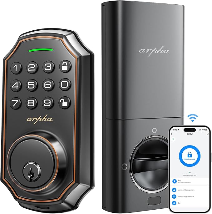 Arpha Keyless Entry Door Lock, WiFi Smart Keypad Front Door Deadbolt, Supports Amazon Alexa Voice Control, Google Assistant, Online App Control, Anti-Peeping Password, One-Time Code, Auto Lock