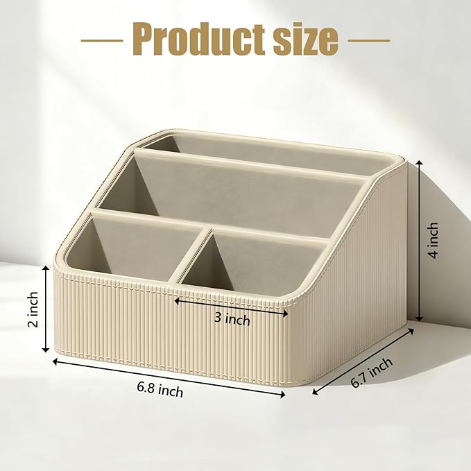 PU Leather Remote Control Holder with 4 Compartments, Small Desk Organizer Office Supply Bedside Caddy, All-in-One Small Bedside Remote Holder Nightstand Desktop Organizer
