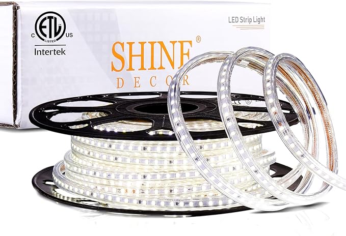 Shine Decor LED Strip Light 50FT 120VAC, Super Bright 6337 Lumens Dimmable, IP65 Waterproof for Outdoor Indoor, 6500K Cool White Every 1.6ft Cuttable Proselect Lighting Strip, 6x10mm ETL Listed