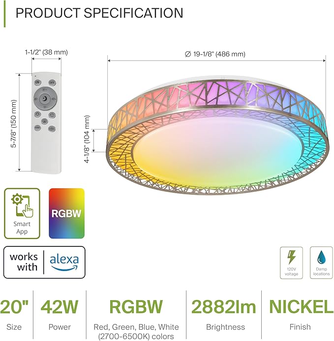ASD 20 Inch Smart RGBW Flush Mount Ceiling Light with Remote - Brushed Nickel 42W 120V 2700-6500K Dimmable Ceiling Light Fixture, WiFi App Control RGB Lights, Alexa & Google Assistant - ETL, 2 Pack