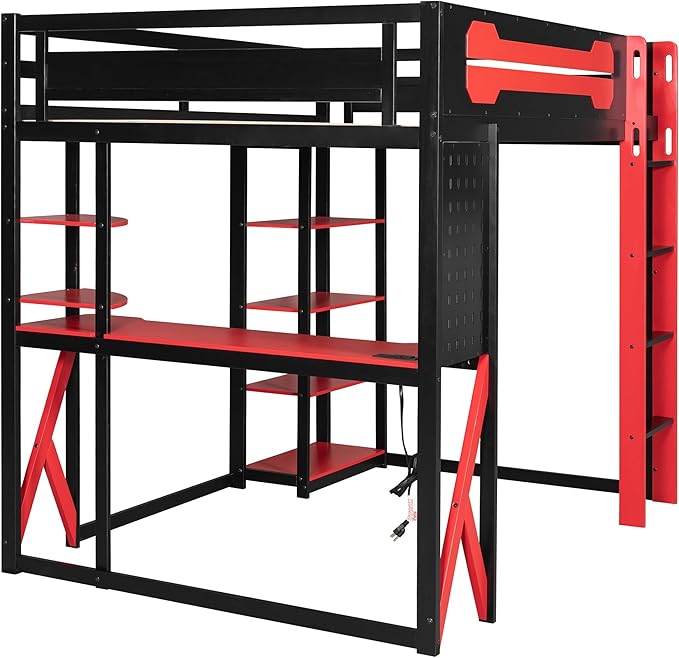 MERITLINE Ultimate Gaming & Study Loft Bed: Full Size Wood Frame with Integrated Desk, RGB Lights, Charging Station, Bookshelf & Pegboard (Black+Red)