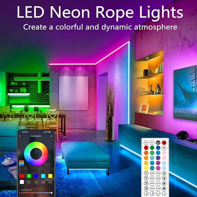 100FT (2 Rolls 50FT) Neon Rope Lights,Flexible Led Rope Light Control with App/Remote,Multiple Modes,Music Sync,IP65 Outdoor RGB Led Strip Lights Waterproof
