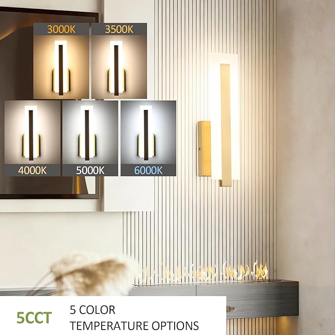 Tipace Hardwired Brass Dimmable Modern LED Wall Sconce 2 Packs 3000K 3500K 4000K 5000K 6000K Indoor Wall Lights Up and Down Wall Mount Light for Living Room Bedroom Hallway Corridor(5CCT)