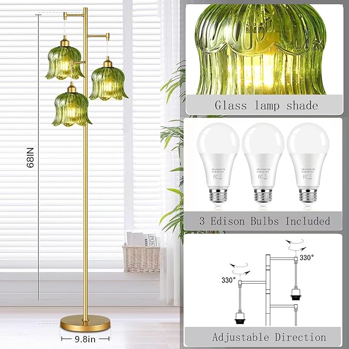 Glass Floor Lamp for Living Room,Bedroom,Mid Century Modern Standing Lamp Brass Tree 3 Light Tall Floor Lamps Vintage Retro Floor Lights Gold Green Flower Lamp Shade Farmhouse Boho Bohemian