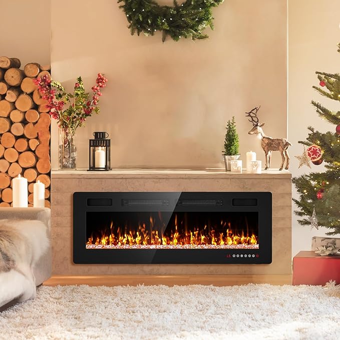 50” Electric Fireplace Recessed and Wall Mounted Fire Places with Remote Control, Touch Screen