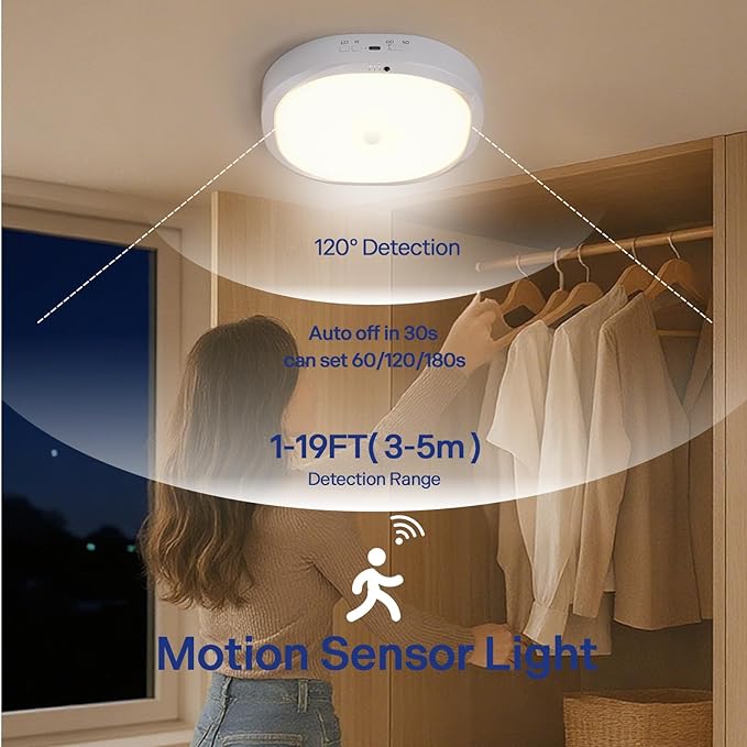 2 Packs Motion Sensor Closet Light with Remote, No Wiring Battery Operated Ceiling Light with 10000mAh, Waterproof Shower Light for Bathroom Closet Stairs Pantry