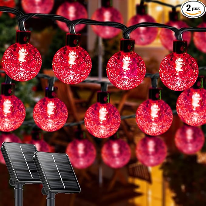 2-Pack 100 LED Red Solar String Lights Outdoor - 64FT Crystal Globe Waterproof Solar Powered Lights for Outside with 8 Lighting Modes for Patio Decorations, Garden, Party, Porch, Wedding, Yard