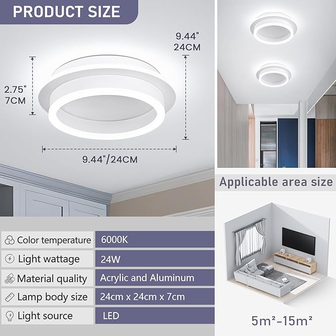CANEOE Round Modern Led Ceiling Light Fixture, 24W LED Flush Mount Ceiling Lamp, Black Small Hallway Ceiling Light for Dining Room Bedroom Kitchen Bathroom Entryway Lighting Fixtures (White)