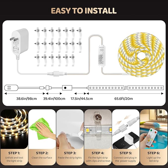 HOUHUI Outdoor White LED Strip Lights Waterproof, 65.6Ft 2700K-6500K Warm to Cool White LED Light Strip with Remote, Tunable White LED Tape Lights IP67 Waterproof for Bedroom Kitchen Backyard RV Patio