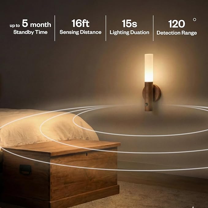 Motion Sensor Night Lights – 4 Pack Rechargeable Magnetic LED Sconces for Bedroom, Hallway & Picture Lighting + 4-in-1 Charging Cable (Walnut Brown)