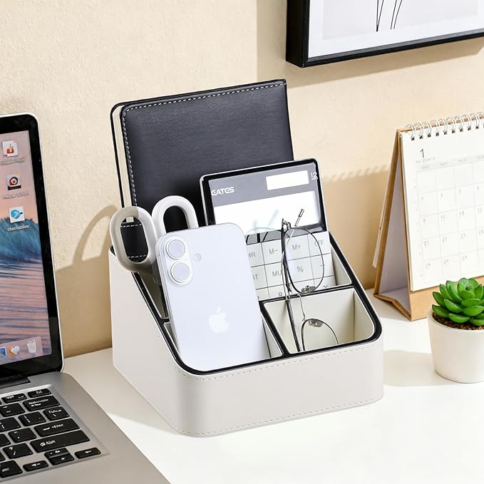 Remote Control Holder, PU Leather Small Desk Organizer with 4 Compartments, Nightstand Organizer Desk Caddy for Remote, Notepad, Phone, Glasses, and Accessories (Cream)