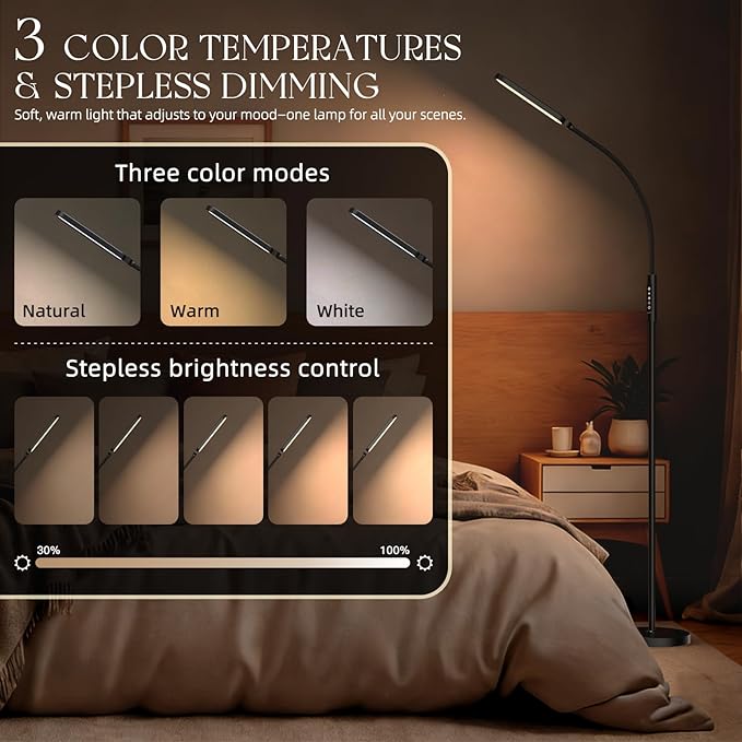 LED Floor Lamp, 18W Adjustable Gooseneck Reading Floor Lamps, Stepless Adjustable 3000K-6000K Colors & Brightness, Remote & Touch Control, Timer, Standing Lamp for Living Room/Bedroom/Office