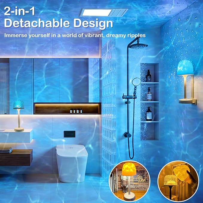 Cordless Shower Lamp,Bedside Lamp,Touch Ocean Wave Projector Light,3 Way Color Temperature,16 Color Changing Light,Dimmable,Rechargeable Aurora Night Lights for Bedroom Bathroom, Waterproof