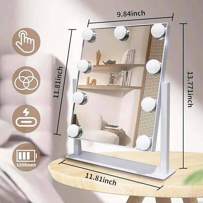 Makeup Vanity Mirror with Lights 13.77"x 11.81" LED Makeup Mirror Detachable 10X Magnification, Hollywood Make Up Mirror with Lighting, Smart Touch, Rechargeable,360° Rotation, (White)