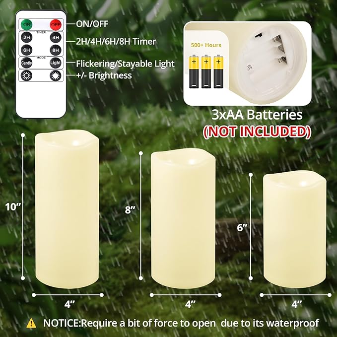 NURADA Large Waterproof Flameless Candles 6" 8" 10" x 4" - Outdoor Indoor LED Pillar Flickering Candle Battery Operated with Timer Remote for Patio Porch Lanterns - Ivory White Set of 3