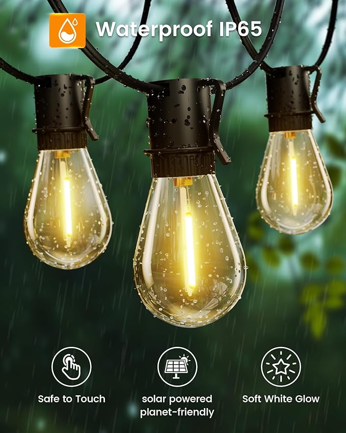 Torkase Solar String Lights Outdoor, 120FT 30+2 Shatterproof S14 LED Bulbs, Waterproof, USB Rechargeable, 2200K Warm White, Energy-Saving Hanging Patio Lights for Garden, Porch, Bistro, Deck, Market