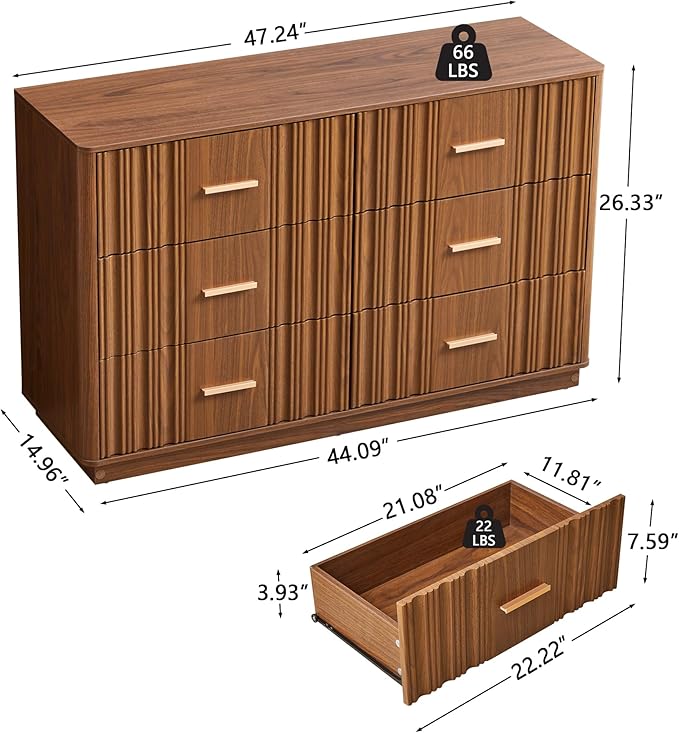 Fluted Double Dresser for Bedroom with 6 Drawers, 47" Wide Modern Chest of Drawers, Curved Profile Wood Storage Dressers TV Stand,Wooden Closet Clothes Storage Organizer for Living Room Hallway,Walnut