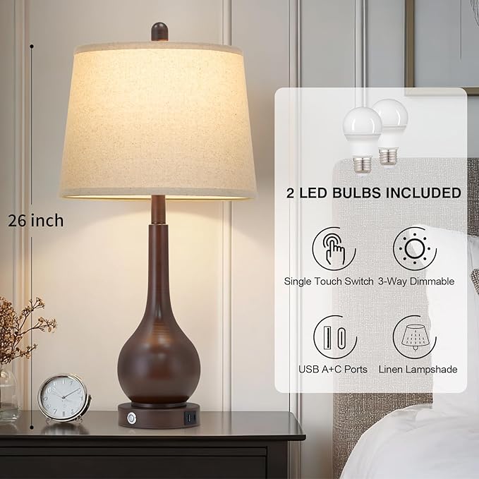 26" Brown Table Lamps Set of 2, Touch Control Bedside Lamps for Bedroom Nightstand, 3-Way Dimmable Farmhouse Lamp for Living Room with Charging Port (2 LED Bulbs Included)
