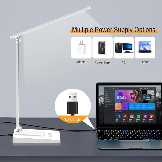ErayLife Rechargeable LED Desk Lamp, 800LM 2600mAh Reading Table Lamp, 5 Color Modes with 5 Brightness, Aluminum Bedside Lamp with USB Charging Port for Study Home Office, White