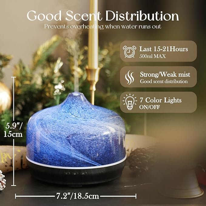 Porseme 500ml Glass Essential Oil Diffuser Aromatherapy Ultrasonic Cool Mist Humidifier 15-21 Running Hours Waterless Auto-Off Air Diffusers for Sleeping Yoga Working Spa(Obsidian)