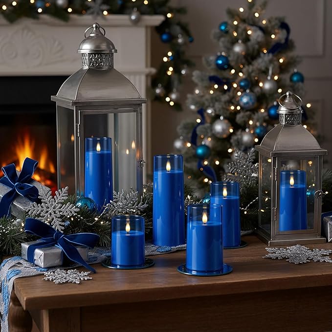 Raycare Flameless Candles Battery Operated with Remote Timer, Acrylic Flickering LED Pillar Candle for Christmas Decoration, Home Decor, Gift for Family and Friend, Blue, Set of 5