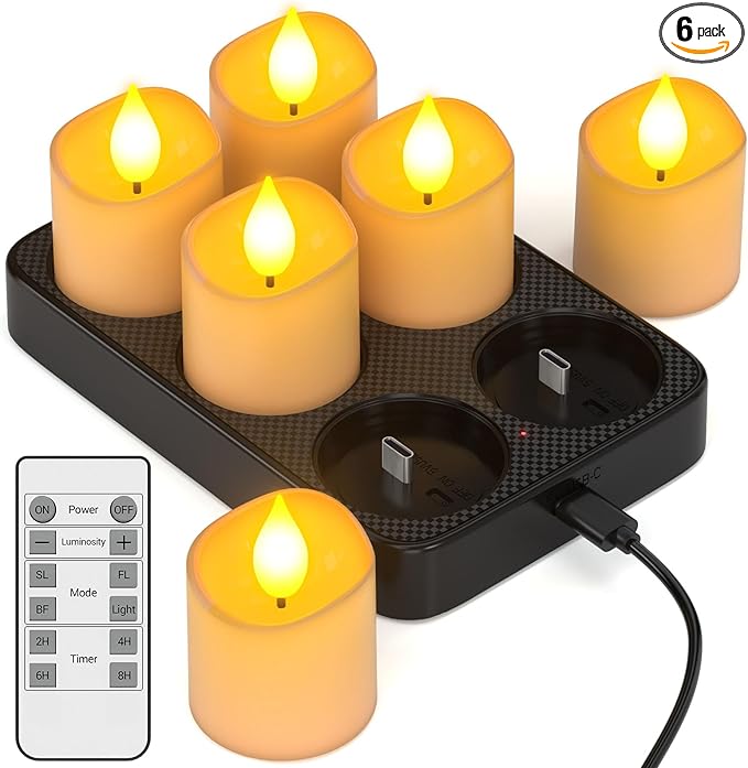 Yme Rechargeable Tea Lights Candles with Charger Storage Base, 6 Pack Battery Operated LED Flameless Votive Candles with Remote Timer for General Room Home Lantern Weddings Emergency Party Decor