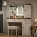 EROMMY 42" Farmhouse Makeup Vanity Desk with Lighted Mirror & Power Strips, Vanity Table with Sliding Barn Door, Open & Hidden Shelves, Drawers, Jewelry Cabinet, White Dressing Table, Light Adjustable