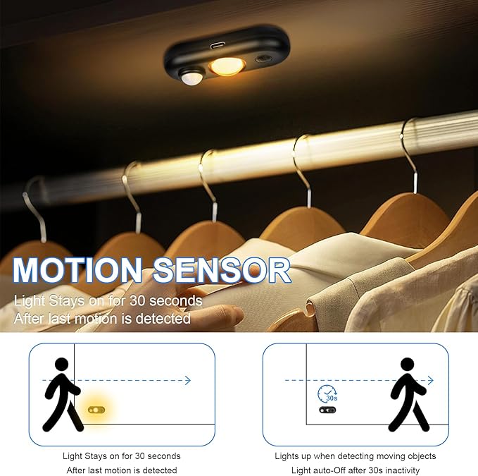 LED Motion Sensor Light Indoor, Magnetic Under Cabinet Lighting Warm White, Black Dimmable Rechargeable Puck Lights for Closet, Kitchen, Stairs(4 Pack)