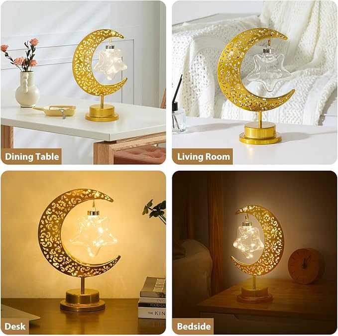 Lewondr Decorative Table Lamp, Battery Powered Ramadan Desk Lamp Decorations Crescent Table Light Lunar Star Moon Lantern for Bedside Nightstand Desktop Room Party, Eid Mubarak Decor, Warm Light