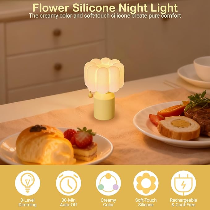 Mini Night Light for Bedroom, Flower Silicone Night Light with 30min Timer, Touch Control Dimmable Lamp with 3 Brightness Levels, LED Rechargeable Nightlight, Cute Bedside Lamp for Kids Gifts (Yellow)