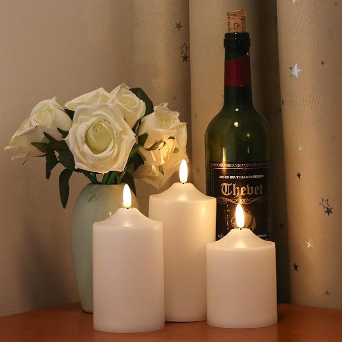 Eldnacele Waterproof Outdoor Flameless Flickering LED Candles with Timer Remote, Battery Operated 3D Wick Plastic Pillar Candles Pack of 3 for Indoor Outdoor Decoration, D3'x H4'x W5'