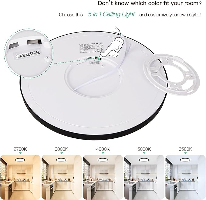 Brightever Black LED Flush Mount Ceiling Light, 24W 3200LM 5CCT Dimmable LED Ceiling Light Fixture, 2700K/3000K/4000K/5000K/6500K, 12 Inch Ultra Thin Ceiling Lamp for Bedroom, Dining Room, 1 Pack