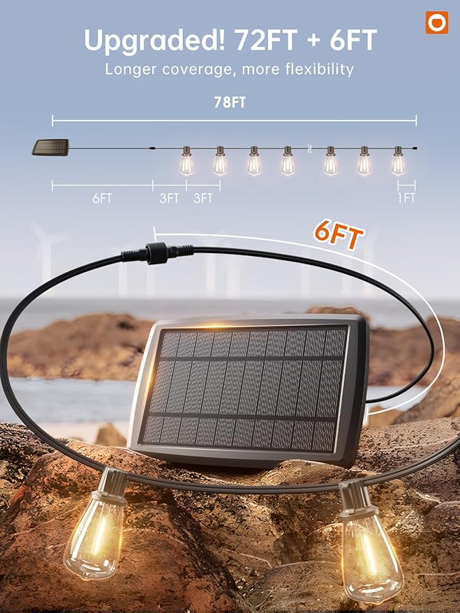 addlon 78FT(72+6) Solar String Lights Outdoor, Waterproof Solar Powered Outside Lights with Remote & USB Port, ST38 LED Shatterproof Bulbs, Dimmable Solar Light for Camping Backyard Porch