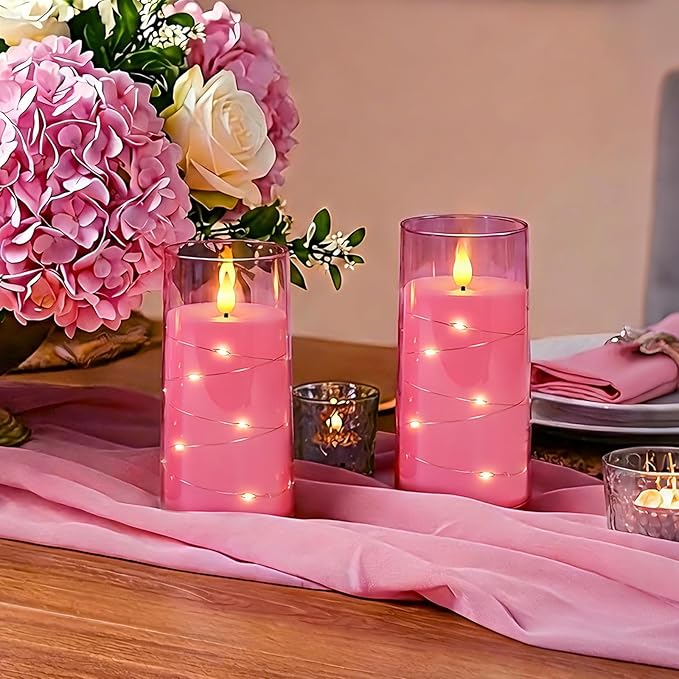 Homemory Flameless Candles with Embedded Star String Fairy Lights, Battery Operated Candles, LED Candle, Fake Candles with Remote Control and Timer, Pink, Set of 2(H 6" 6")