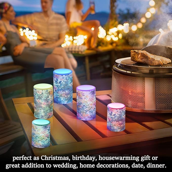 Watercolour Blue and Pink Flowers Flameless Candles Color Changing LED Candles with Remote Control Battery Candles for Outdoor and Indoor Home and Room Decoration, 3'' x 4''/5'' Set of 2 Pieces