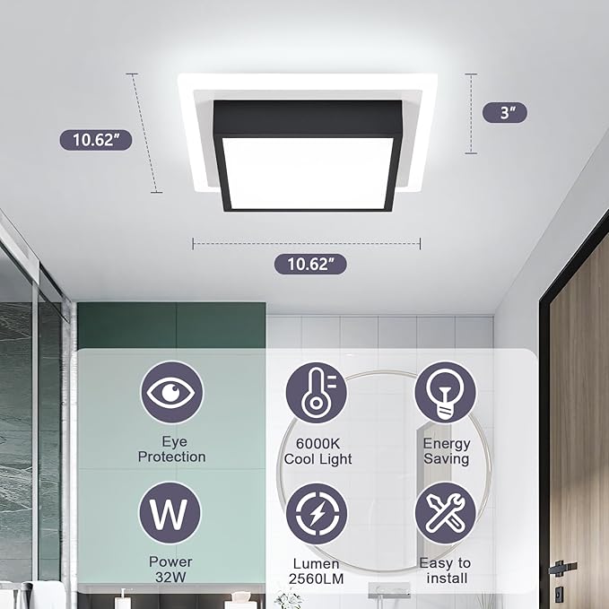 Modern LED Ceiling Light, Kitchen Ceiling Light, 6000K Cold White Flush Mount Ceiling Lamp, Square Hallway Lighting Fixtures for Living Room Bedroom Bathroom Kitchen