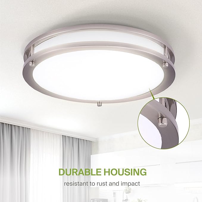 ASD LED 16" Round Flush Mount Lighting, Close to Ceiling Light Fixture | 3CCT, Dimmable, Energy Star, ETL Listed | 24W 2118LM 3000-5000K 100-277V | Low Profile Double Ring Lamp | Nickel