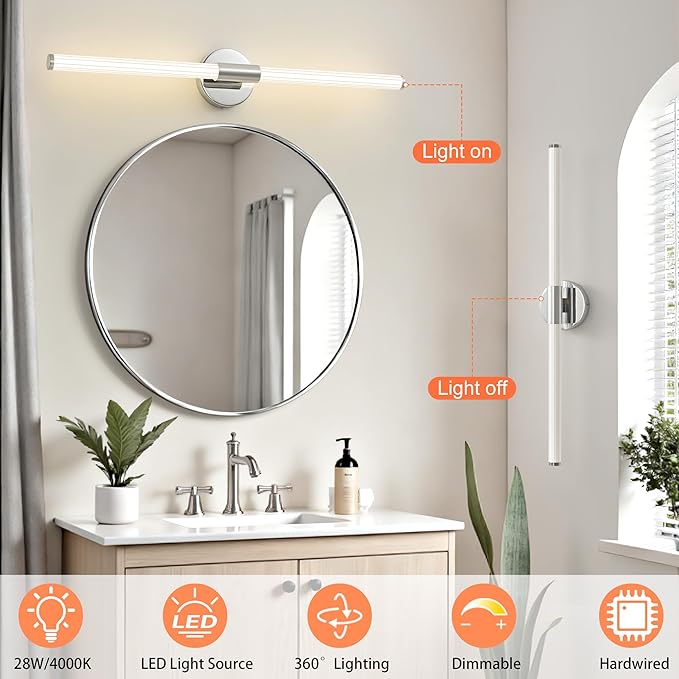 Dimmable LED Bathroom Vanity Lights 360° Full Lighting Bathroom Light Fixtures Over Mirror Vanity Light Bar Modern Wall Sconce 4000K for Bedroom Living Room Hardwired Chrome, 30 inch